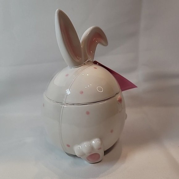 White Rabbit w/ Pink Spots Small Ceramic Jar Cookie Snack Storage - Picture 5 of 5